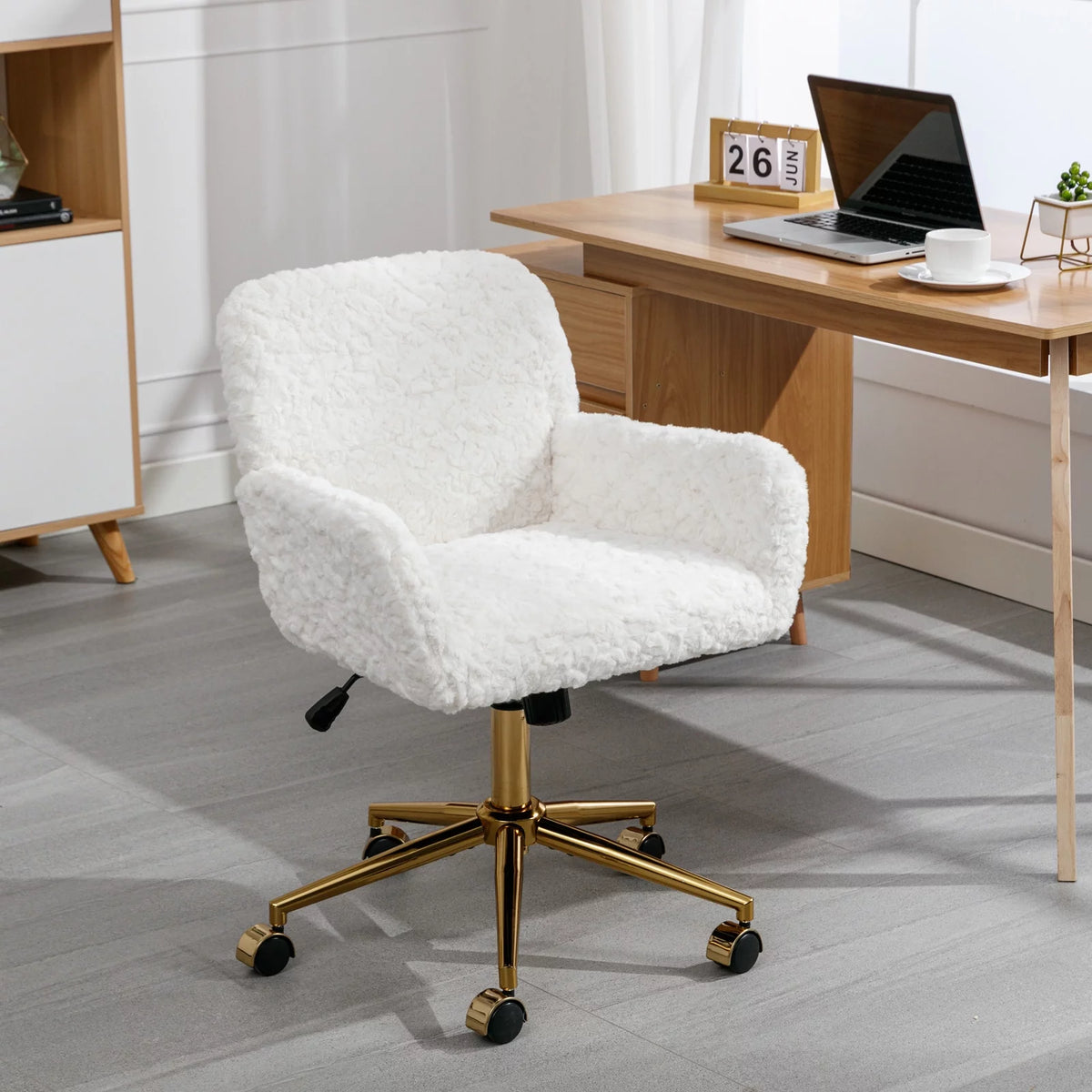 Beige Faux Rabbit Hair Office Chair with Adjustable Swivel G23584