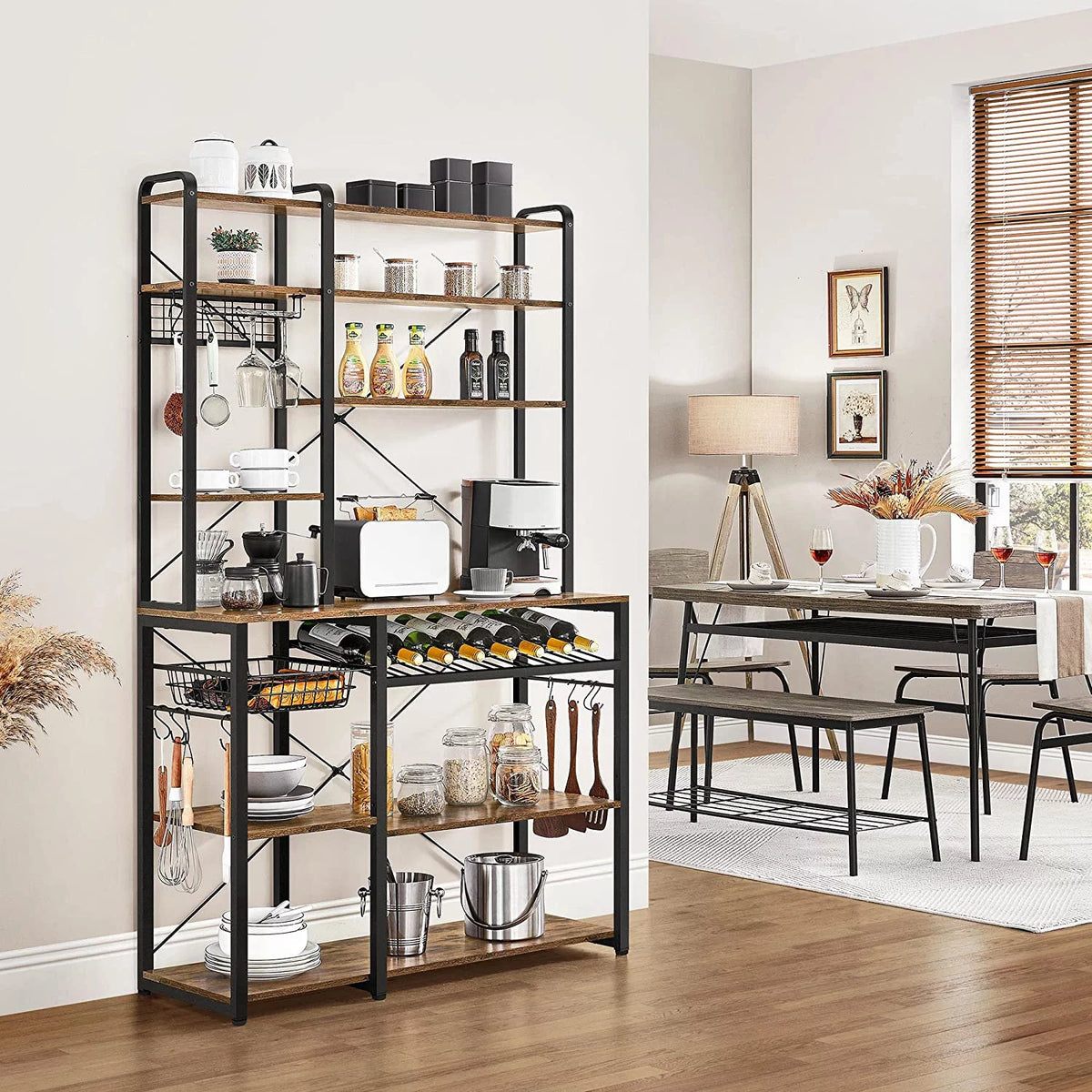 Wooden Kitchen Bakers Rack with Wine Rack and 12 Hooks A97578