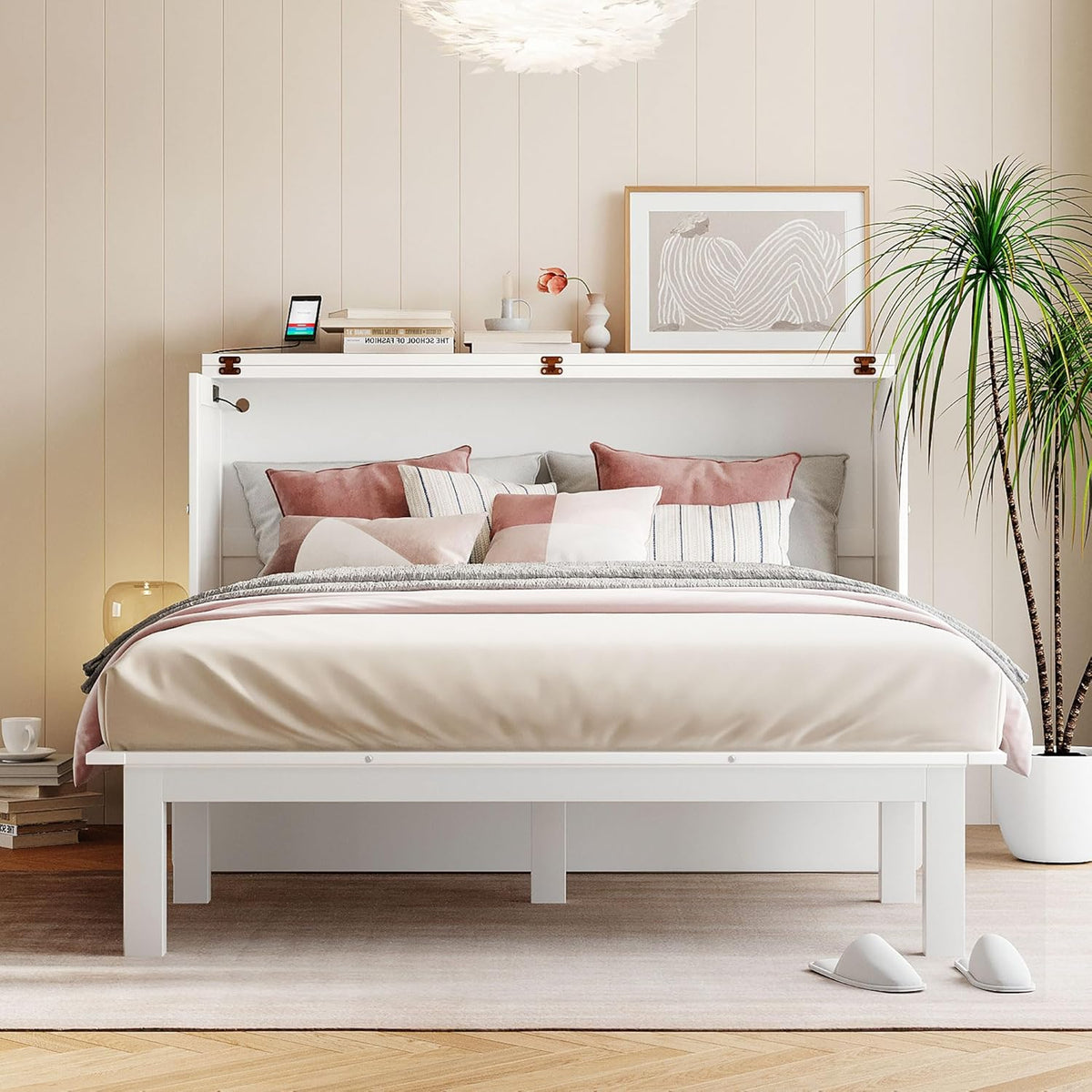 White Queen Size Murphy Bed with Wooden Slat Support J134875
