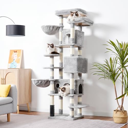Light Gray 74 inches Multi-Level XL Cat Tree with Three Cat Condos and Two Top Decks P604