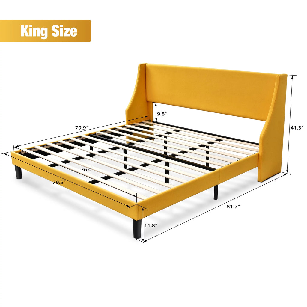 Queen Size Light Grey Upholstered Platform Bed Frame with Wingback Headboard P97254