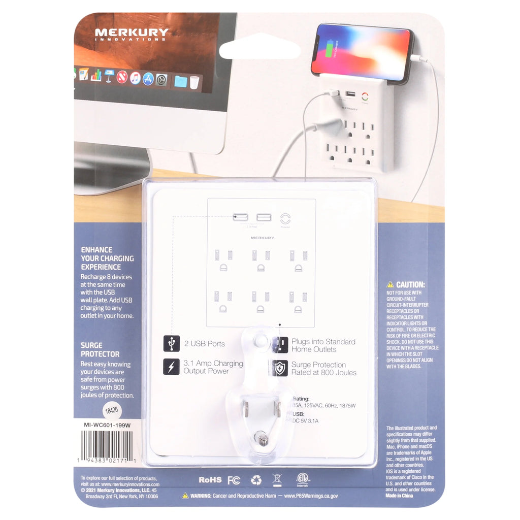 White 6-Outlet USB Wall Charger Extender with Phone Stand W5259