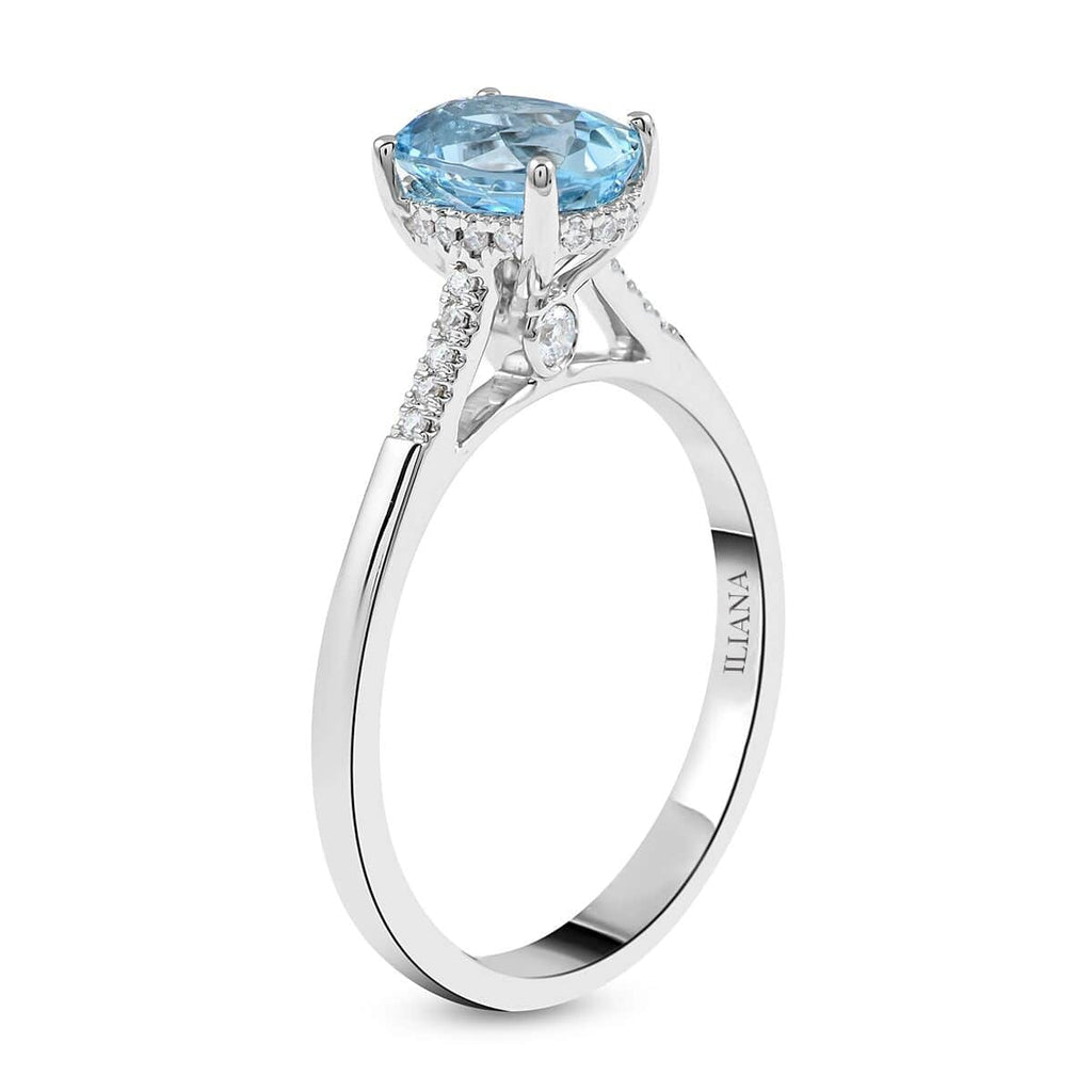 Blue Aquamarine White Diamond Oval 18K White Gold Ring Size 6 Ct 1.13 G-H Color Si1 Clarity F6768