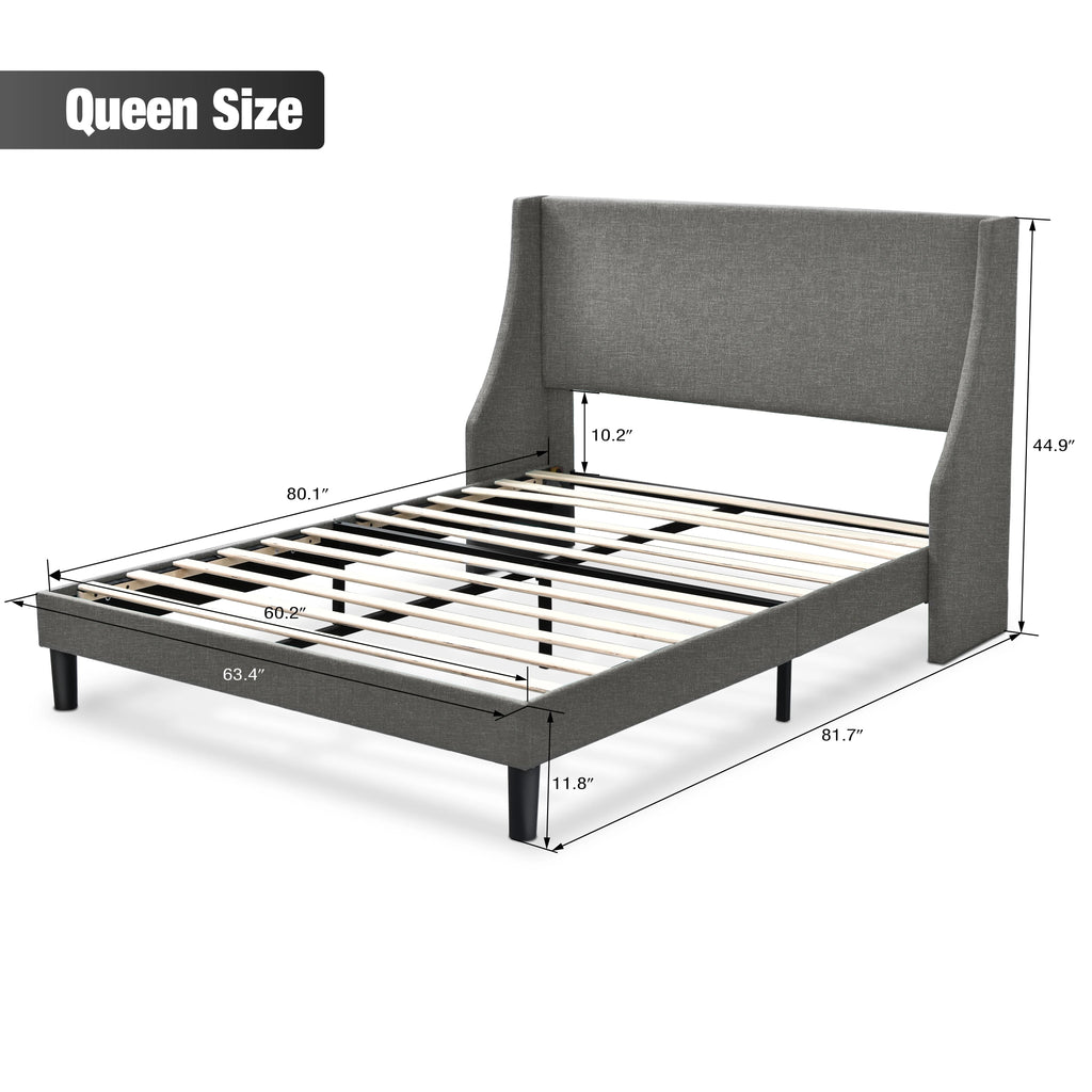 Queen Size Light Grey Upholstered Platform Bed Frame with Wingback Headboard P97254