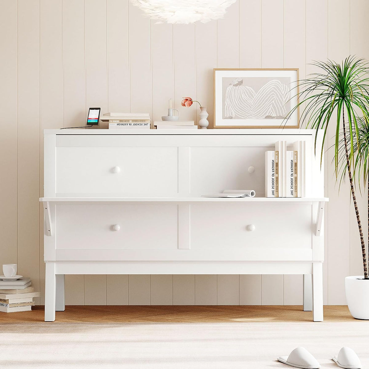 White Queen Size Murphy Bed with Wooden Slat Support J134875