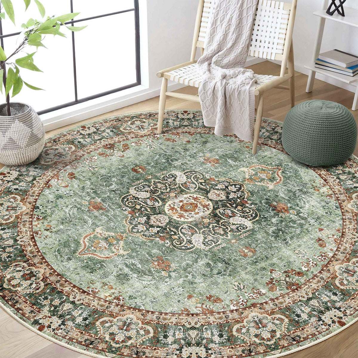 Green Round 6ft Washable Non Slip Rug Q162