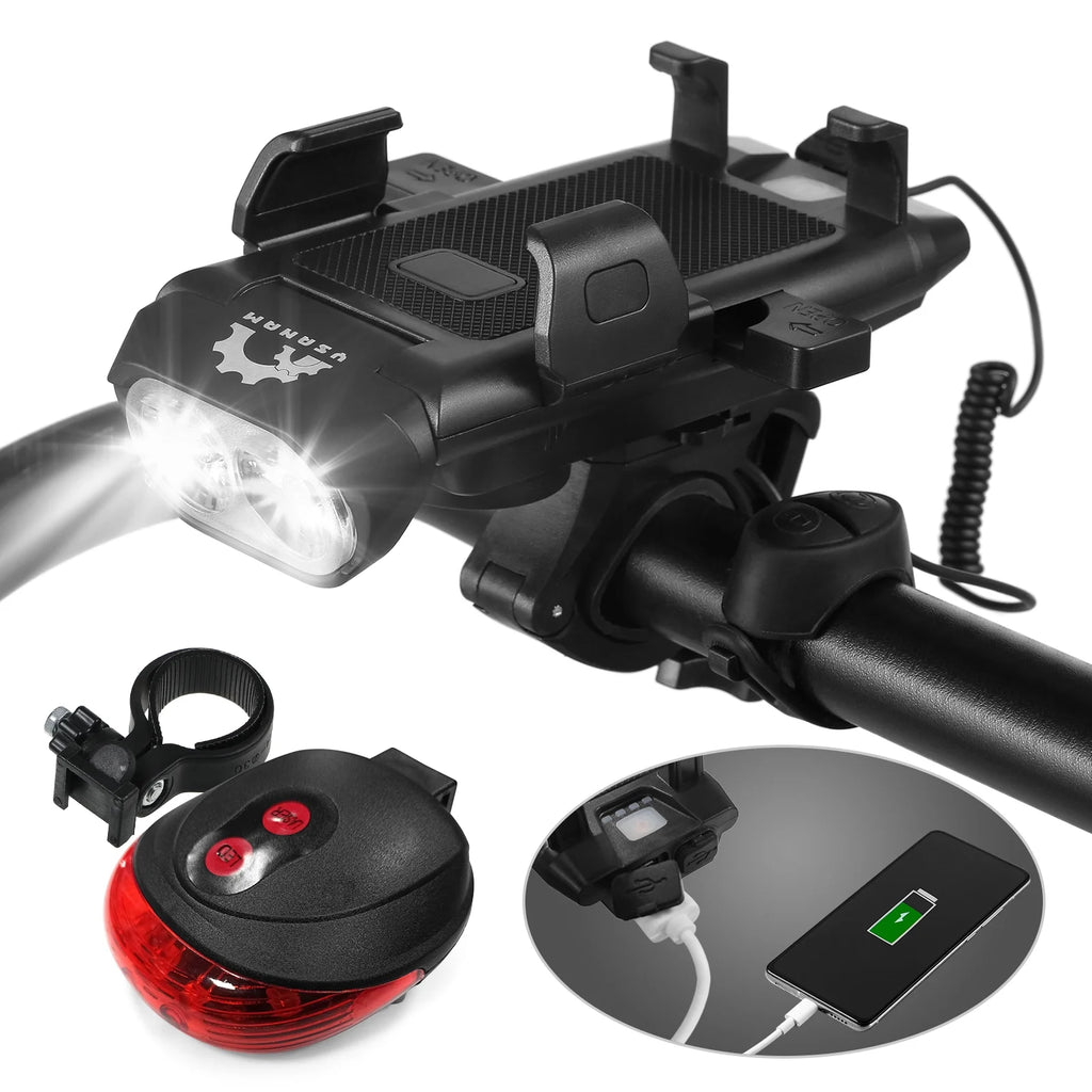 Front and Rear 4 in 1 USB Rechargeable Waterproof Headlight with Phone Holder Horn Z826494