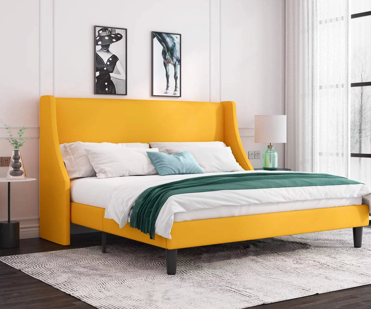 Queen Size Light Grey Upholstered Platform Bed Frame with Wingback Headboard P97254