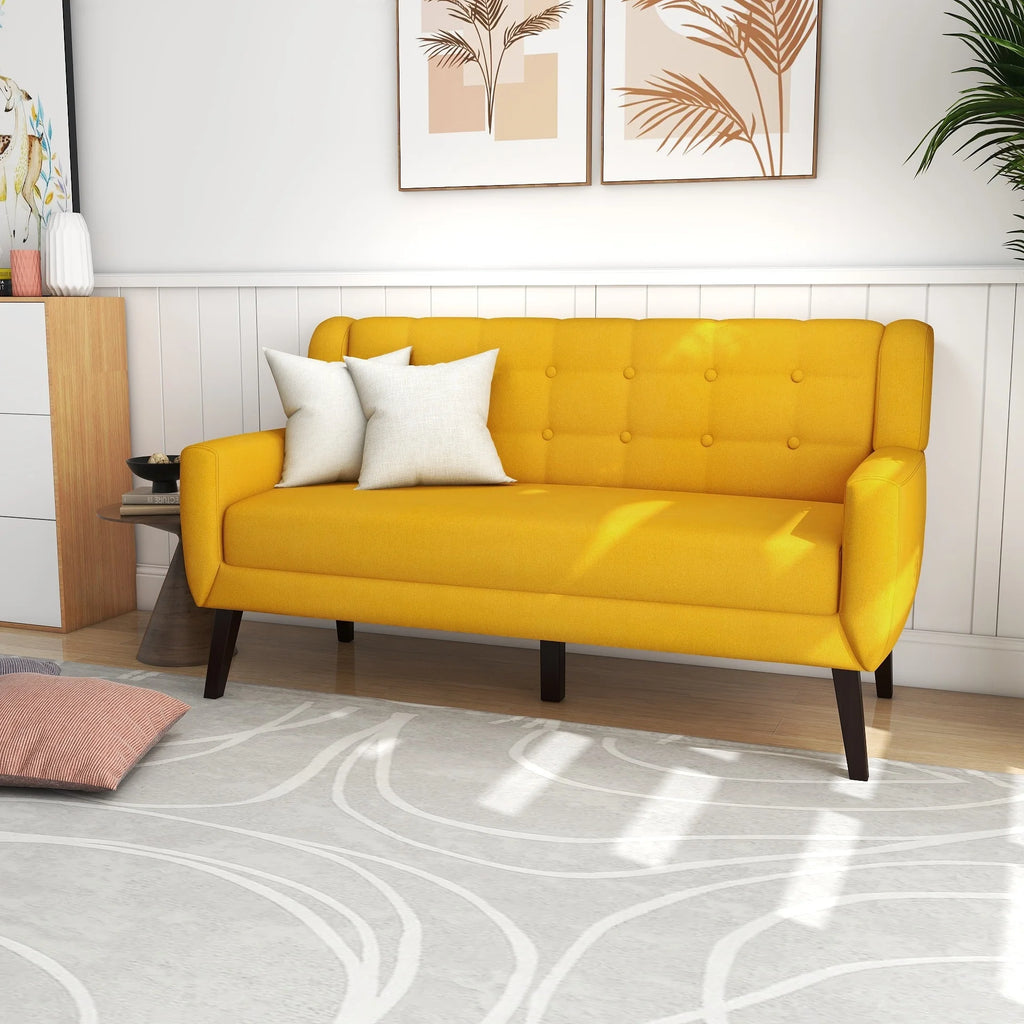 Yellow Tufted Linen Cotton Loveseat with 2 Accent Chairs E2666