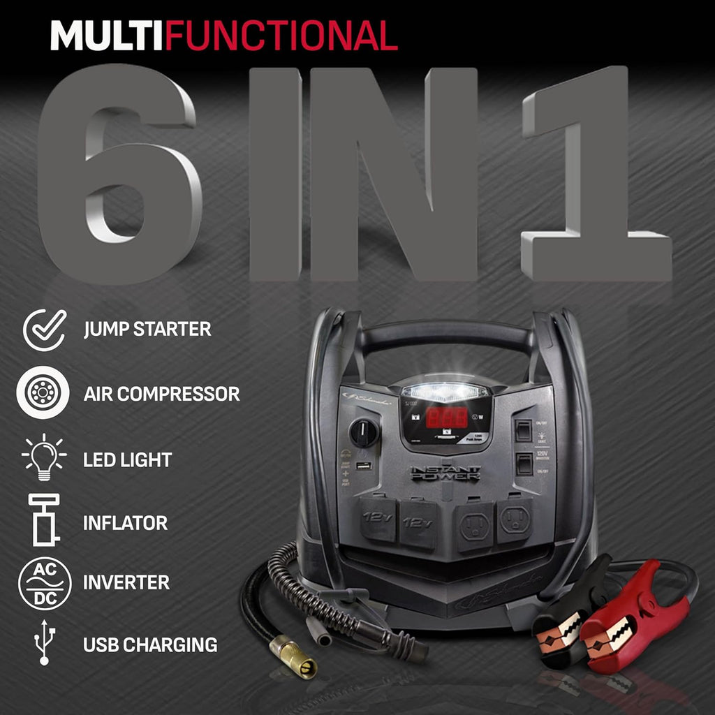 Portable Power Station and Jump Starter with 150-PSI Air Compressor, 200 Continuous/400 Peak Watt Power Inverter, Black Z110