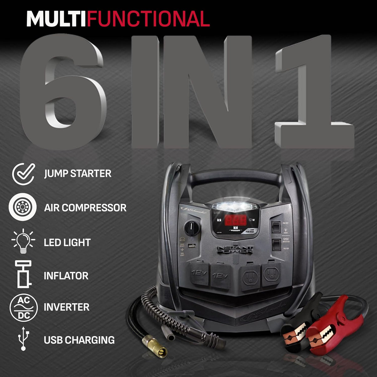 Portable Power Station and Jump Starter with 150-PSI Air Compressor, 200 Continuous/400 Peak Watt Power Inverter, Black Z110