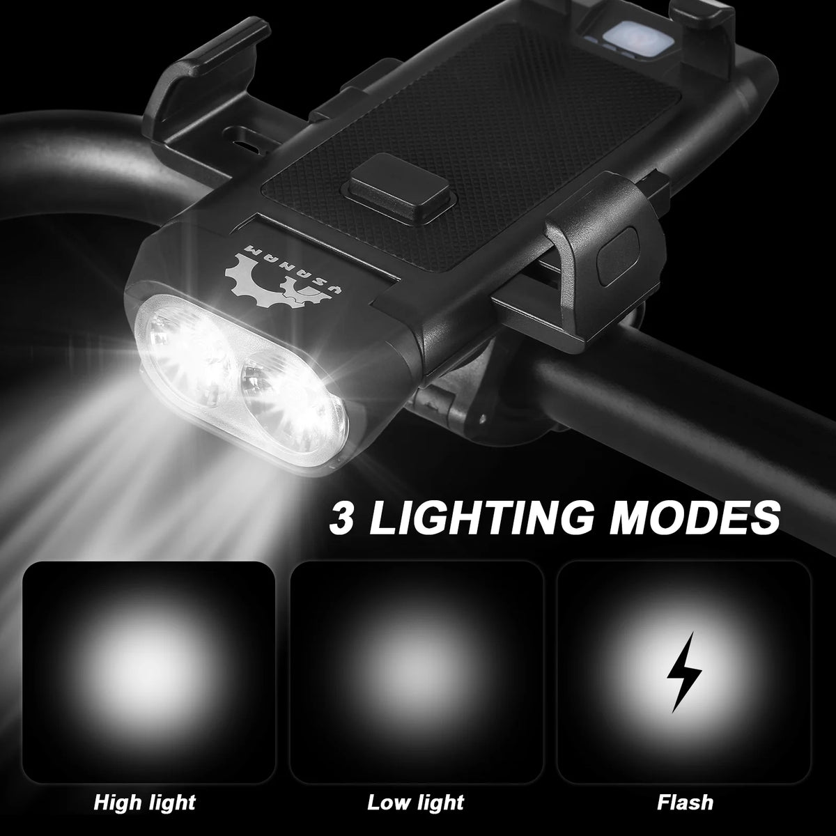 Front and Rear 4 in 1 USB Rechargeable Waterproof Headlight with Phone Holder Horn Z826494