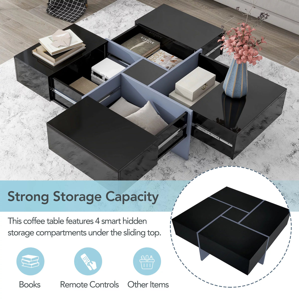 Black Square Coffee Table with 4 Hidden Storage Compartments H45633