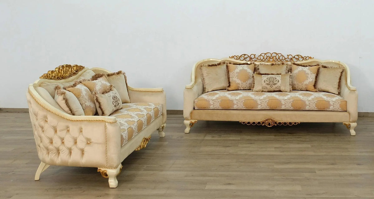Beige Antique Dark Gold Wood Trim Sofa Set D44298