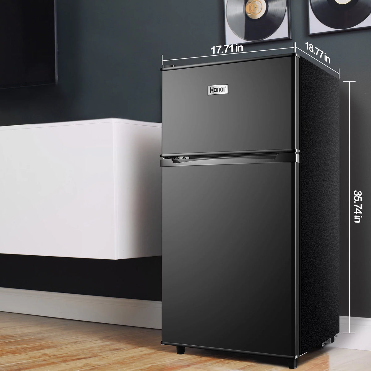 Two Door Mini Fridge with Freezer, 3.5 Cu ft, Black I125