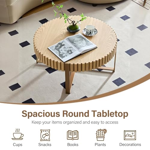 31.5'' Round Solid Wood Coffee Table with Stainless Steel Gold Legs E51985