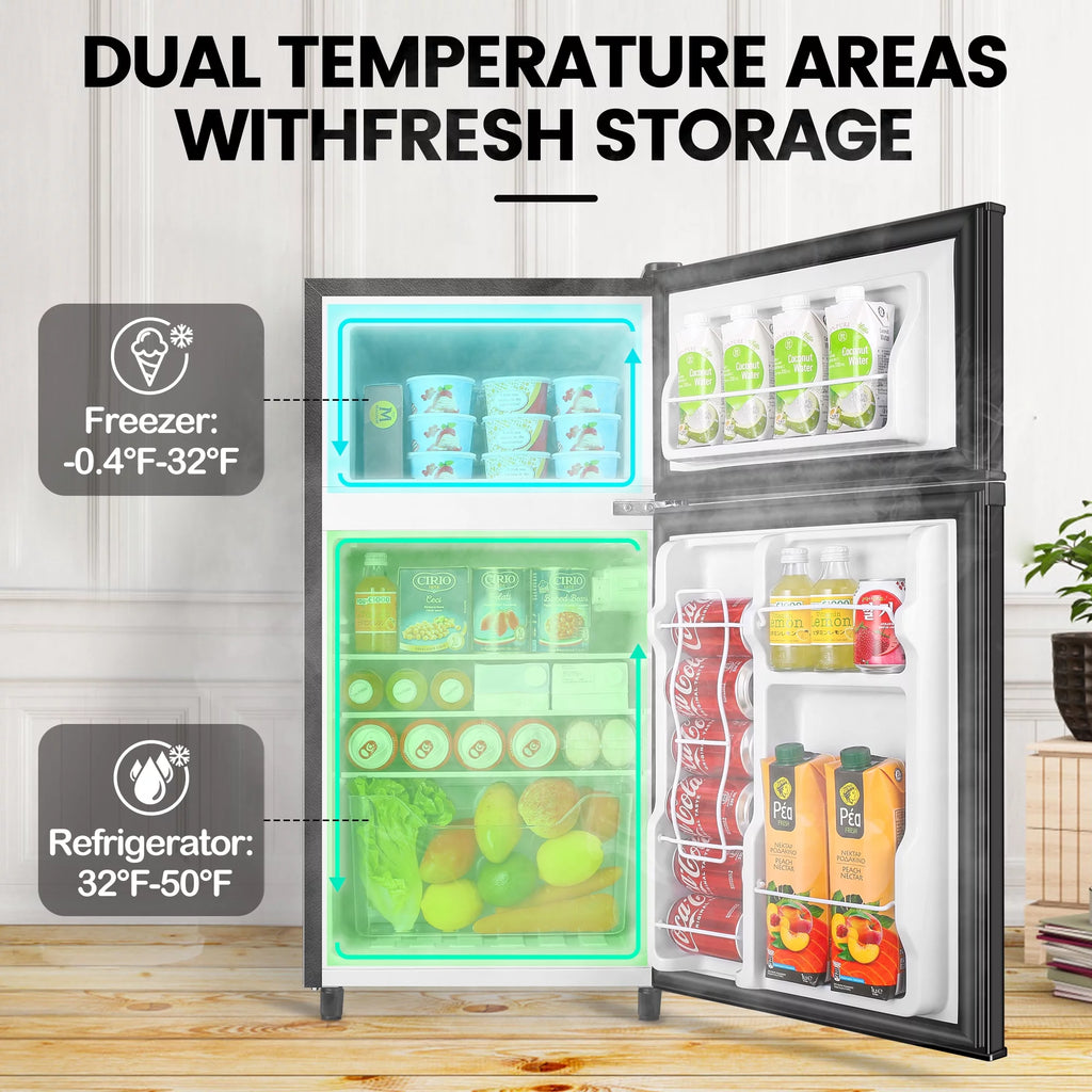 Two Door Mini Fridge with Freezer, 3.5 Cu ft, Black I125