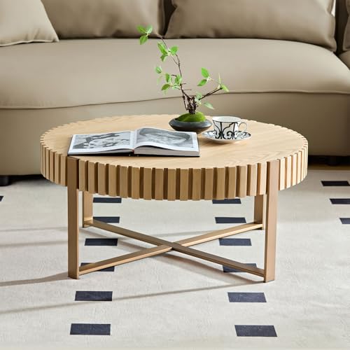 31.5'' Round Solid Wood Coffee Table with Stainless Steel Gold Legs E51985