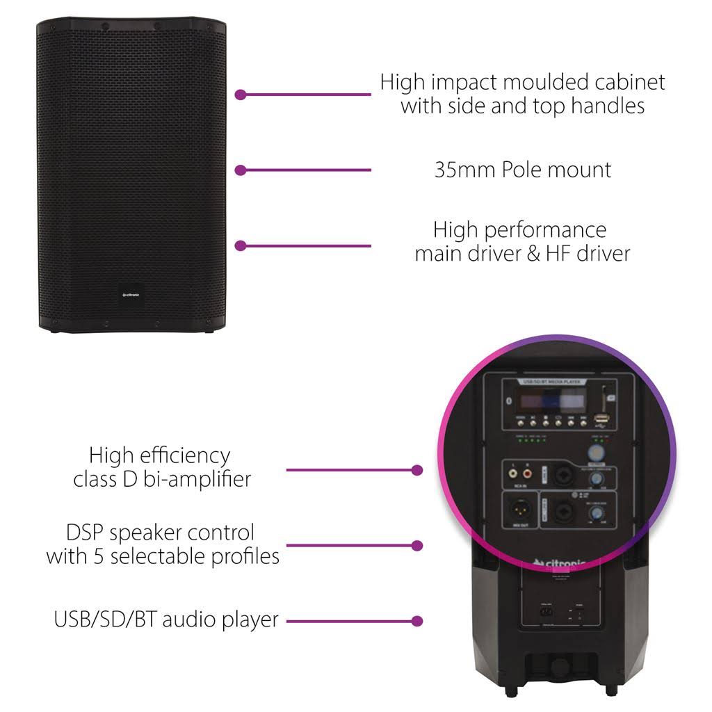 Full Range Active PA Speaker with Bluetooth, DSP, USB & SD D627
