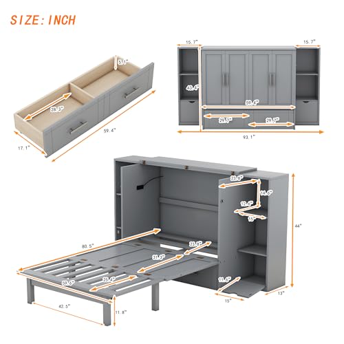Queen Size Murphy Bed with Storage 2 Drawers and Shelves M91225