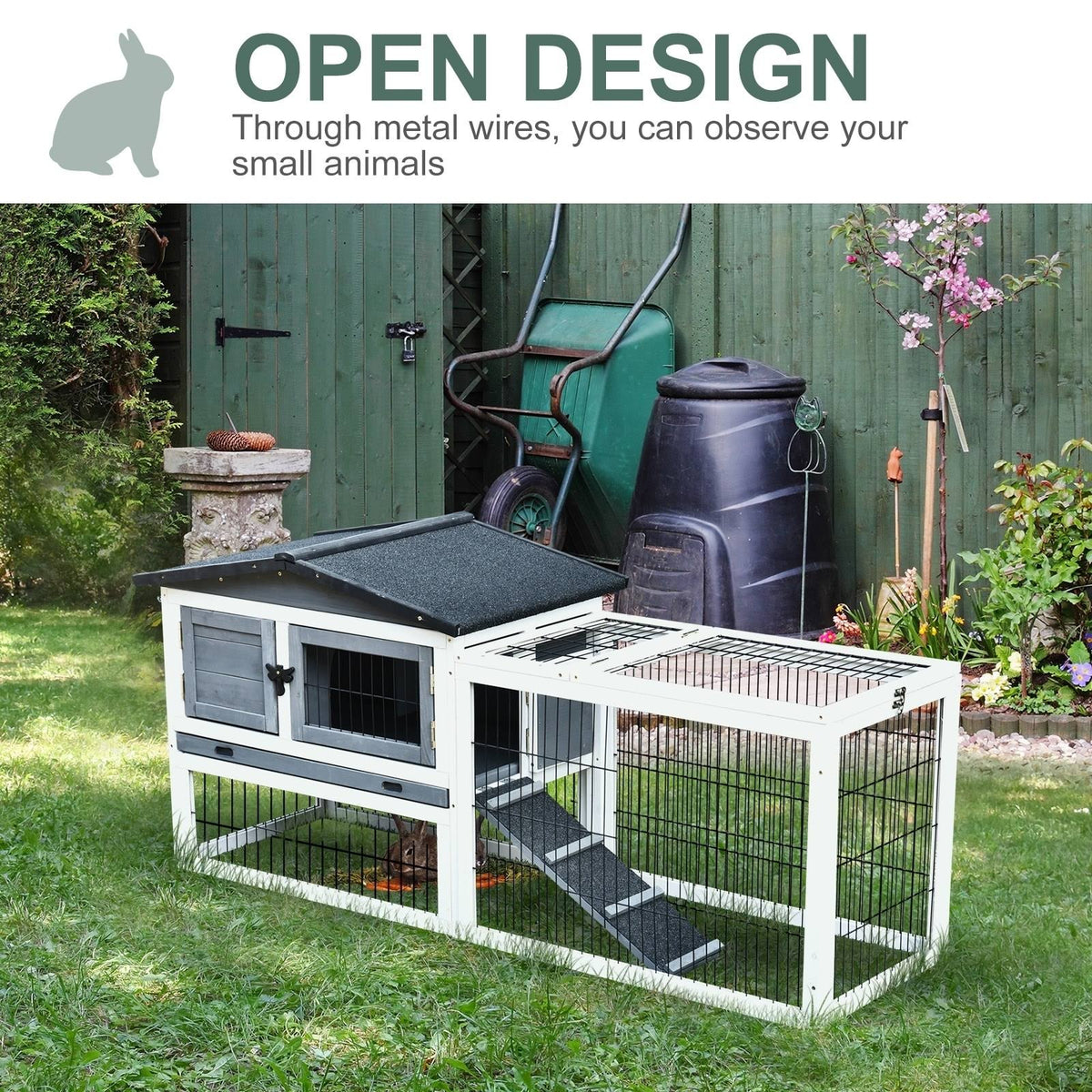 Solid Wood Rabbit Hutch with Black Metal Cage and Easy Clean Tray Q7798