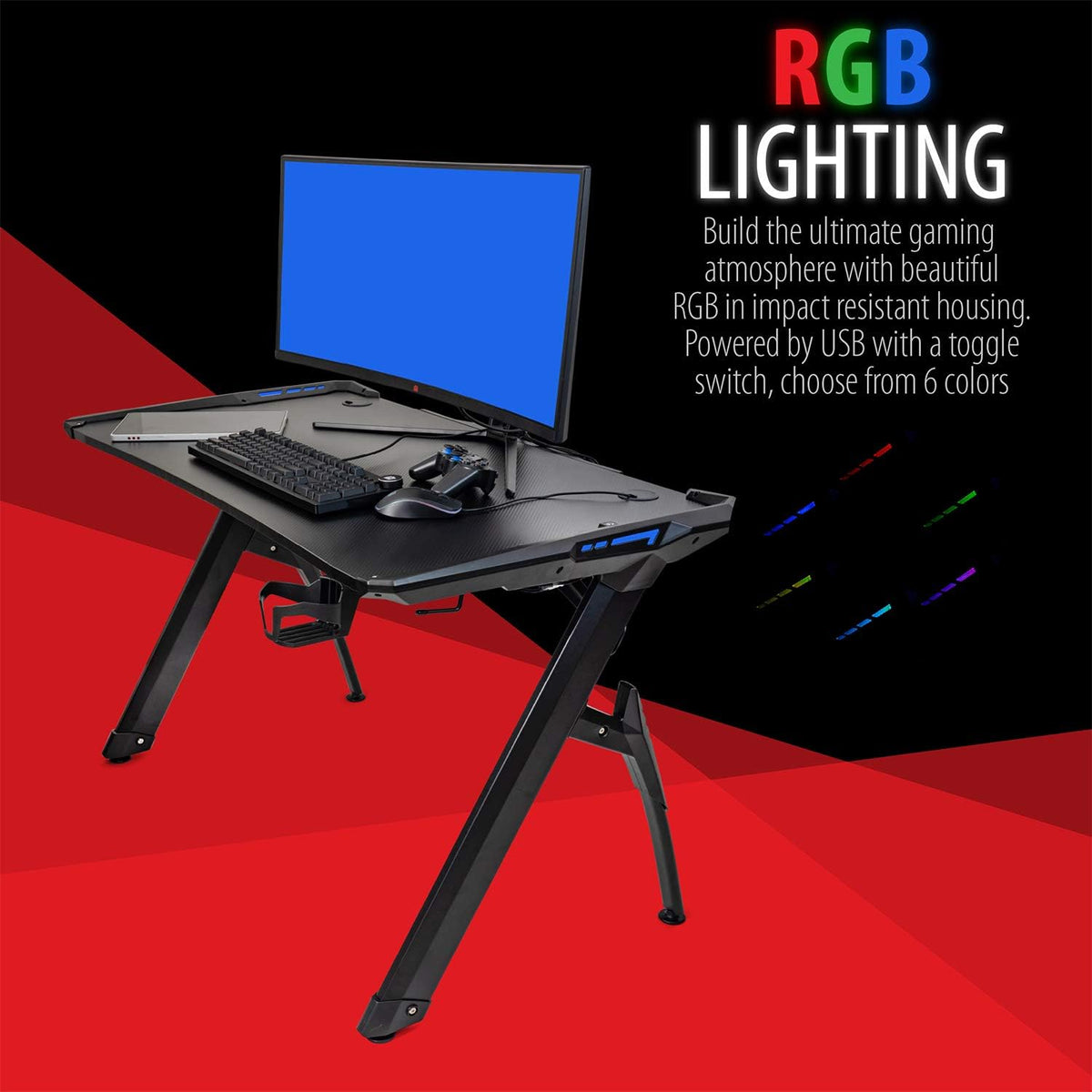 Ultrawide Curved LED Computer Desk, Waterproof Carbon-Fiber Surface, 6-Color RGB Lighting Accents, Cup Holder, 31.5 Mouse Pad S8987
