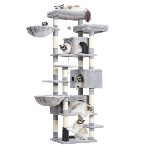 Light Gray 74 inches Multi-Level XL Cat Tree with Three Cat Condos and Two Top Decks P604