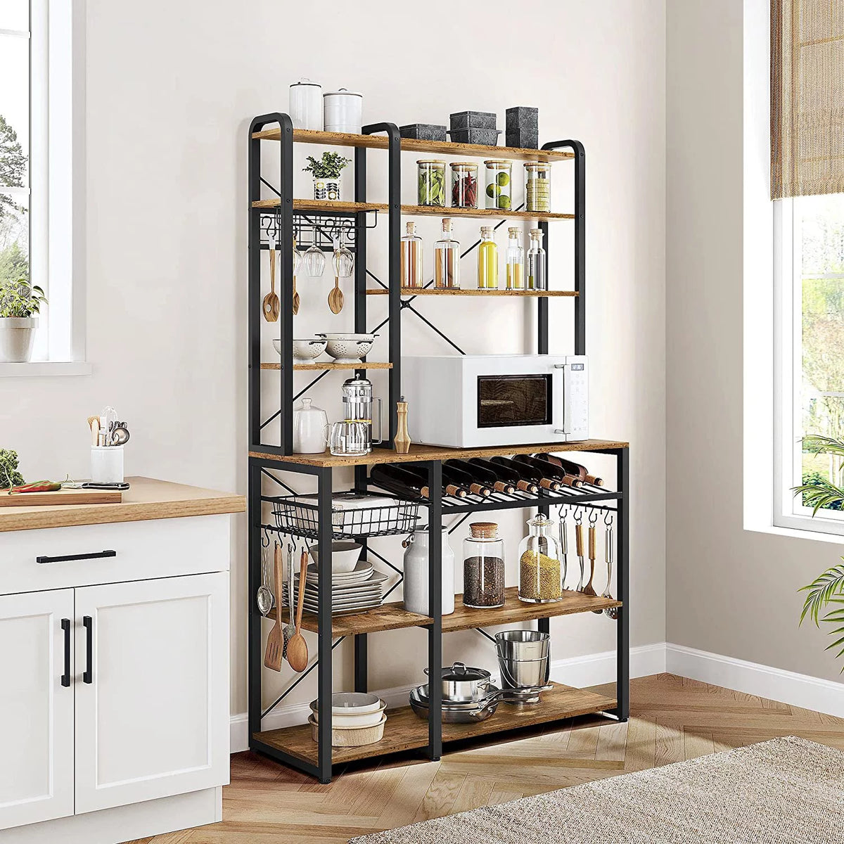 Wooden Kitchen Bakers Rack with Wine Rack and 12 Hooks A97578