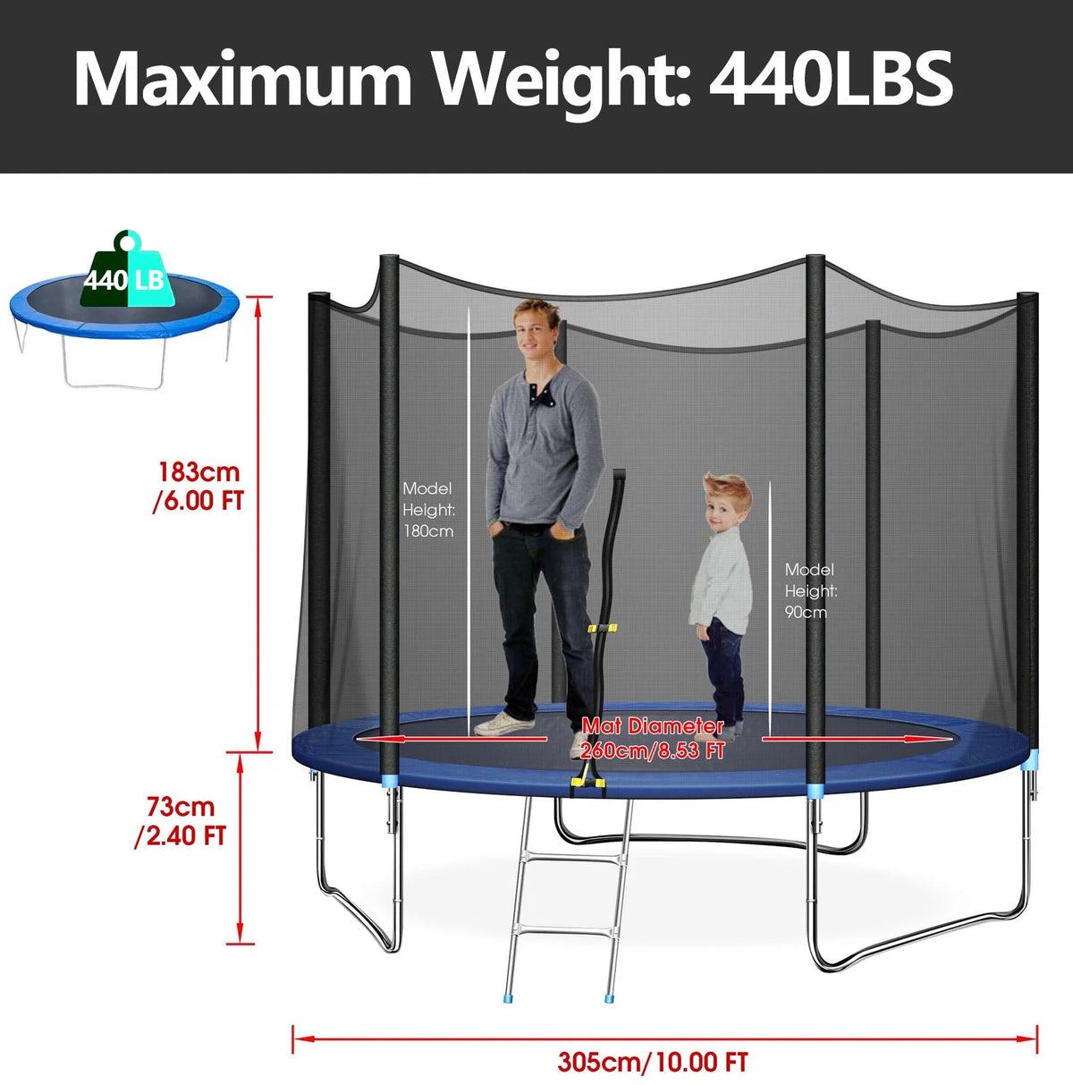 10 ft Trampoline with Enclosure and Wind Stakes, Blue M3763