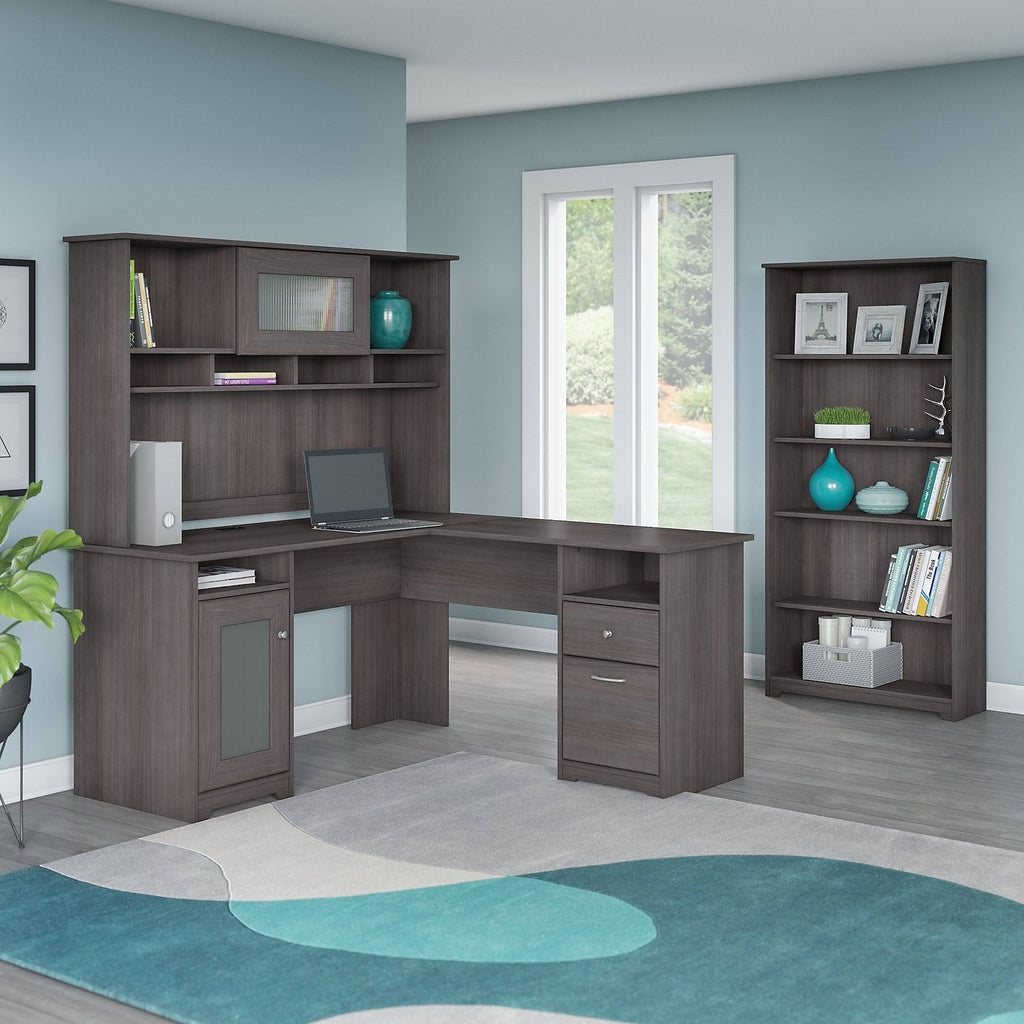 Heather Gray Metal L-Shaped Hutch Desk with 5-Shelf Bookcase E528