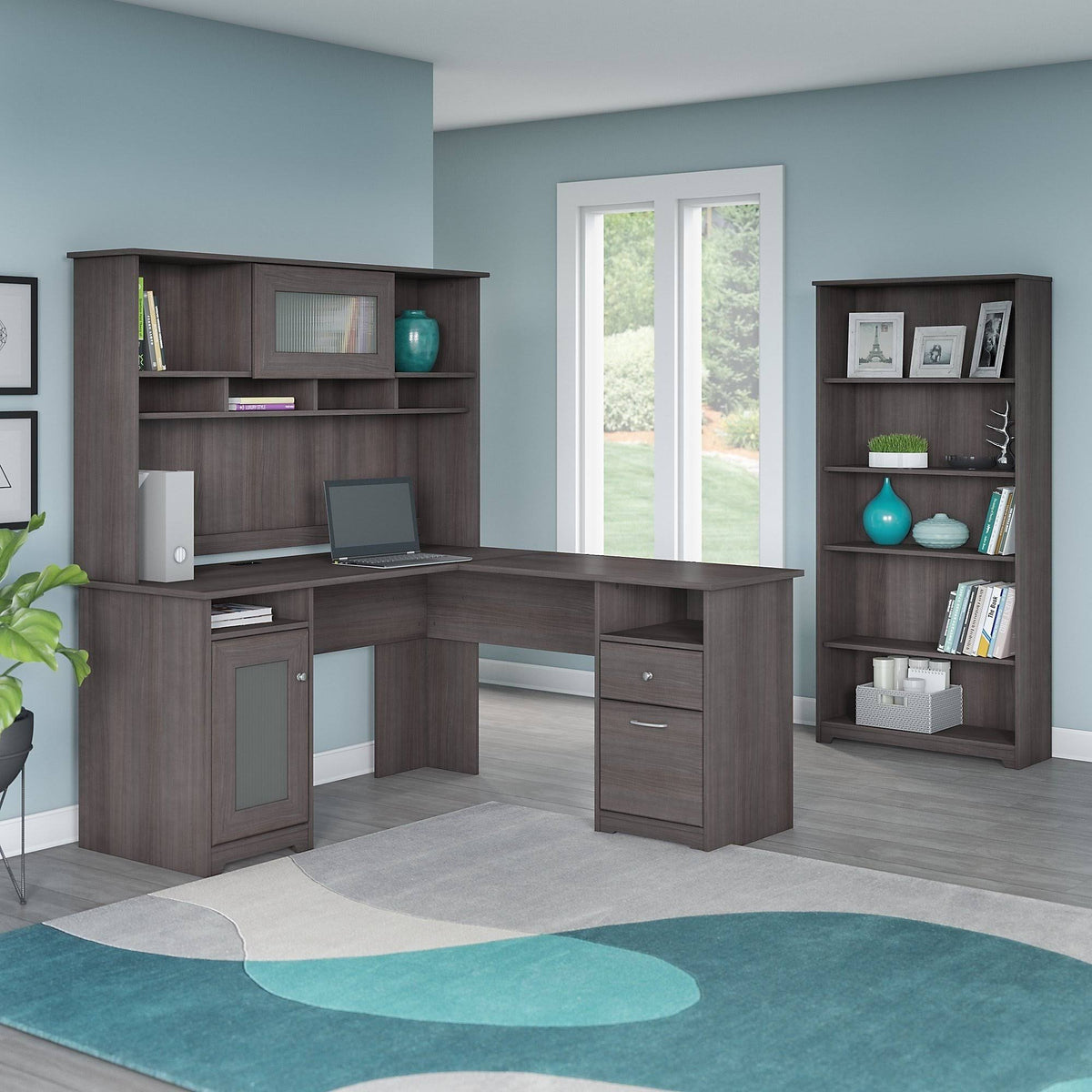 Heather Gray Metal L-Shaped Hutch Desk with 5-Shelf Bookcase E528