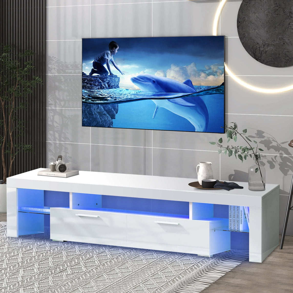 White High Gloss TV Stand with Storage Shelves N7307