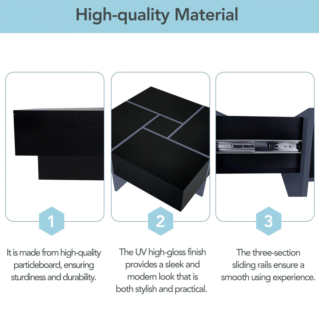 Black Square Coffee Table with 4 Hidden Storage Compartments H45633