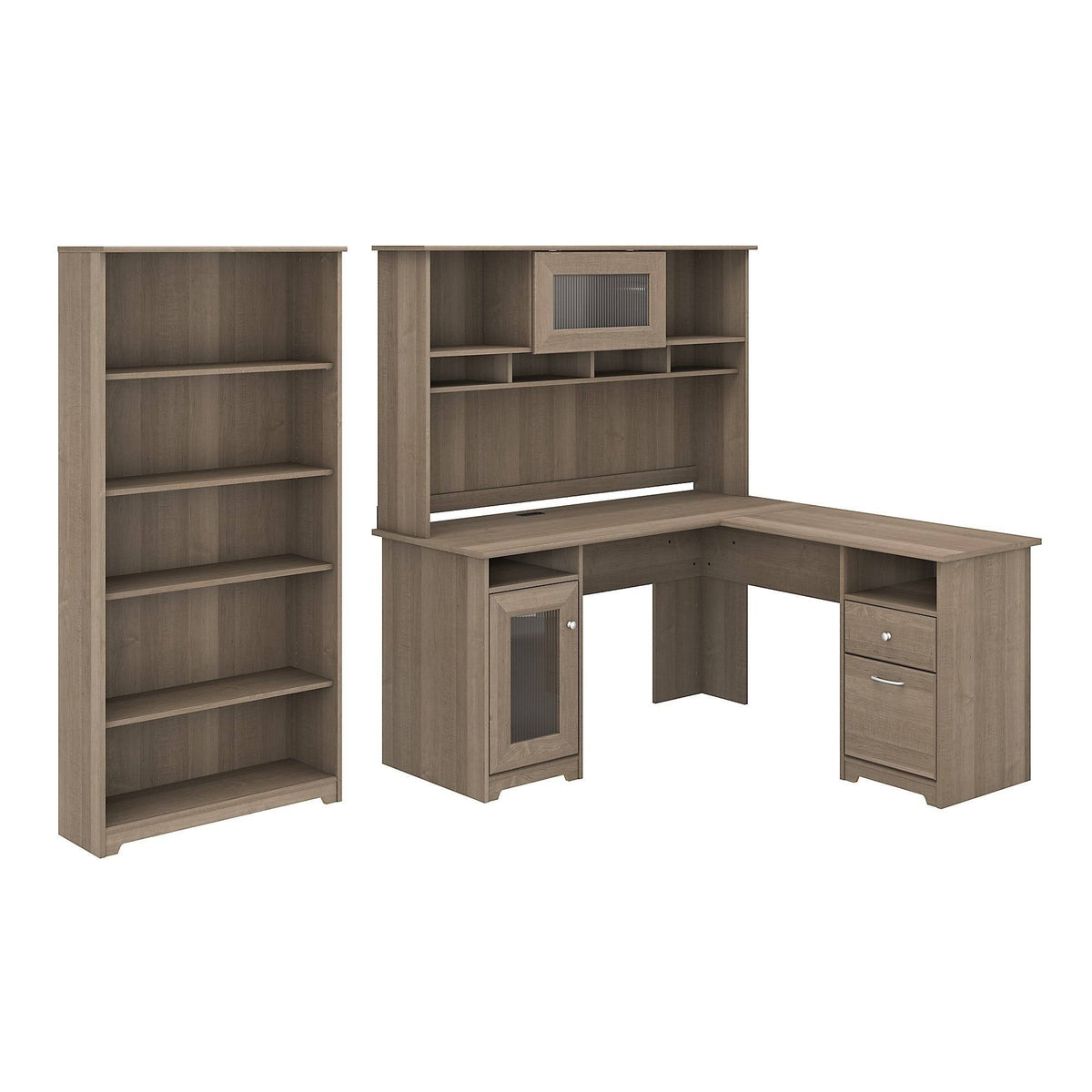 Heather Gray Metal L-Shaped Hutch Desk with 5-Shelf Bookcase E528