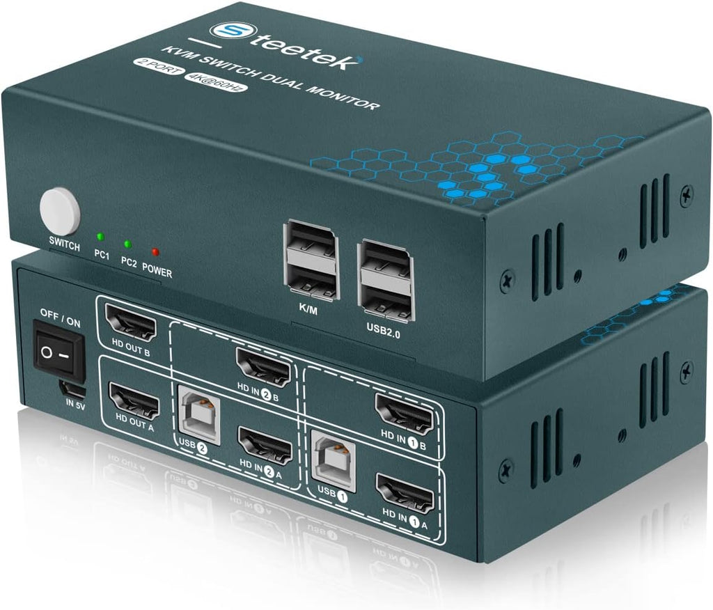 KVM Switch Dual Monitor 2 Port 4K@60Hz, HDMI, 2 in 2 Out, with 4 HDMI and 2 USB Cables L29541