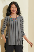 3/4 Sleeve Black White Microstripe Knit Top M672484