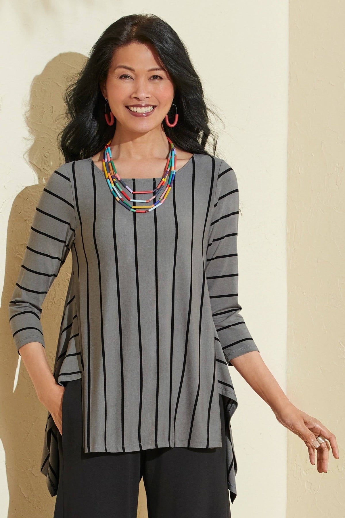 3/4 Sleeve Black White Microstripe Knit Top M672484