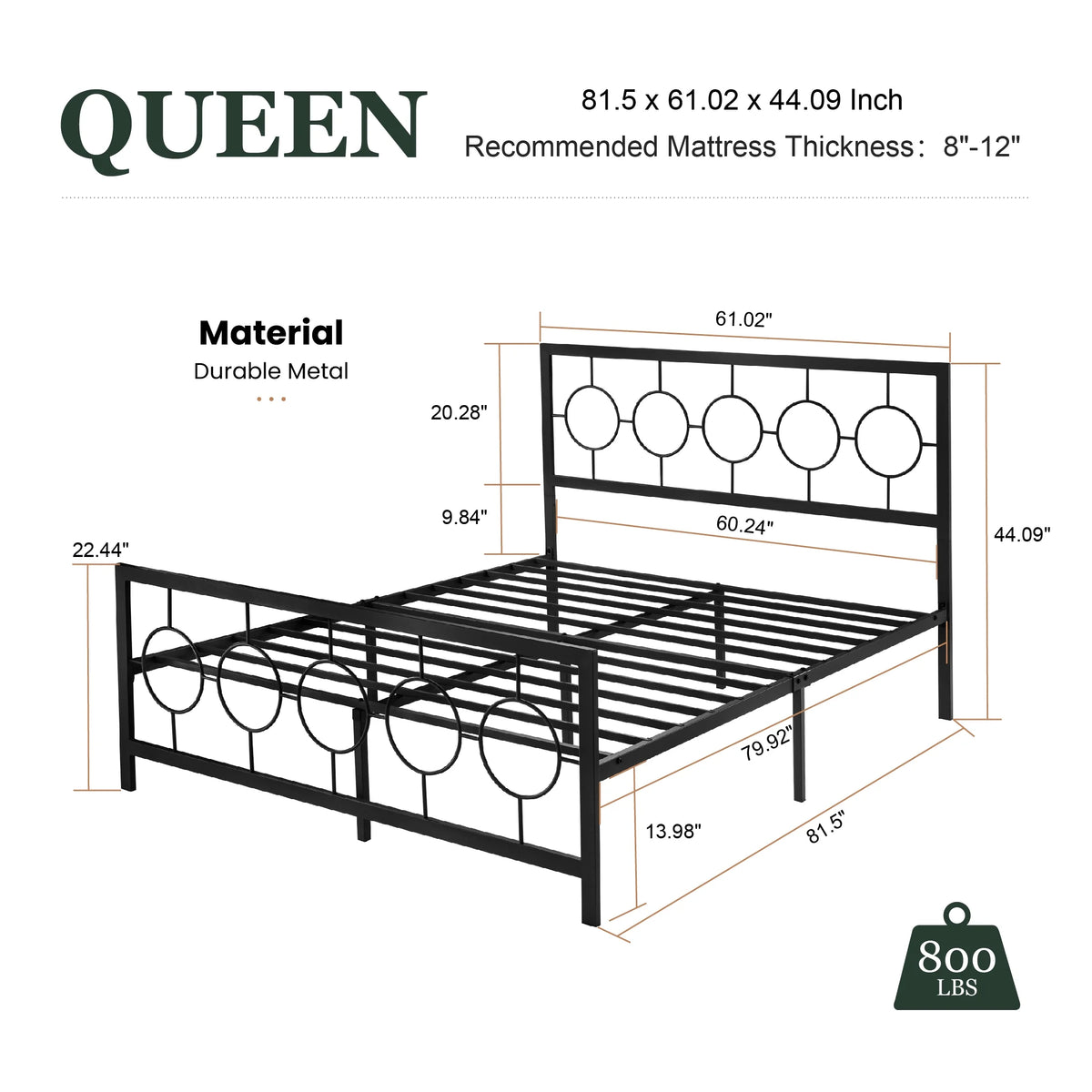 Black Queen Size Metal Platform Bed Frame with Headboard & Footboard T277