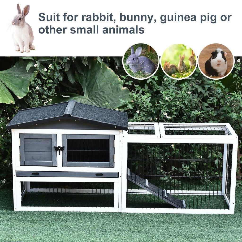 Solid Wood Rabbit Hutch with Black Metal Cage and Easy Clean Tray Q7798