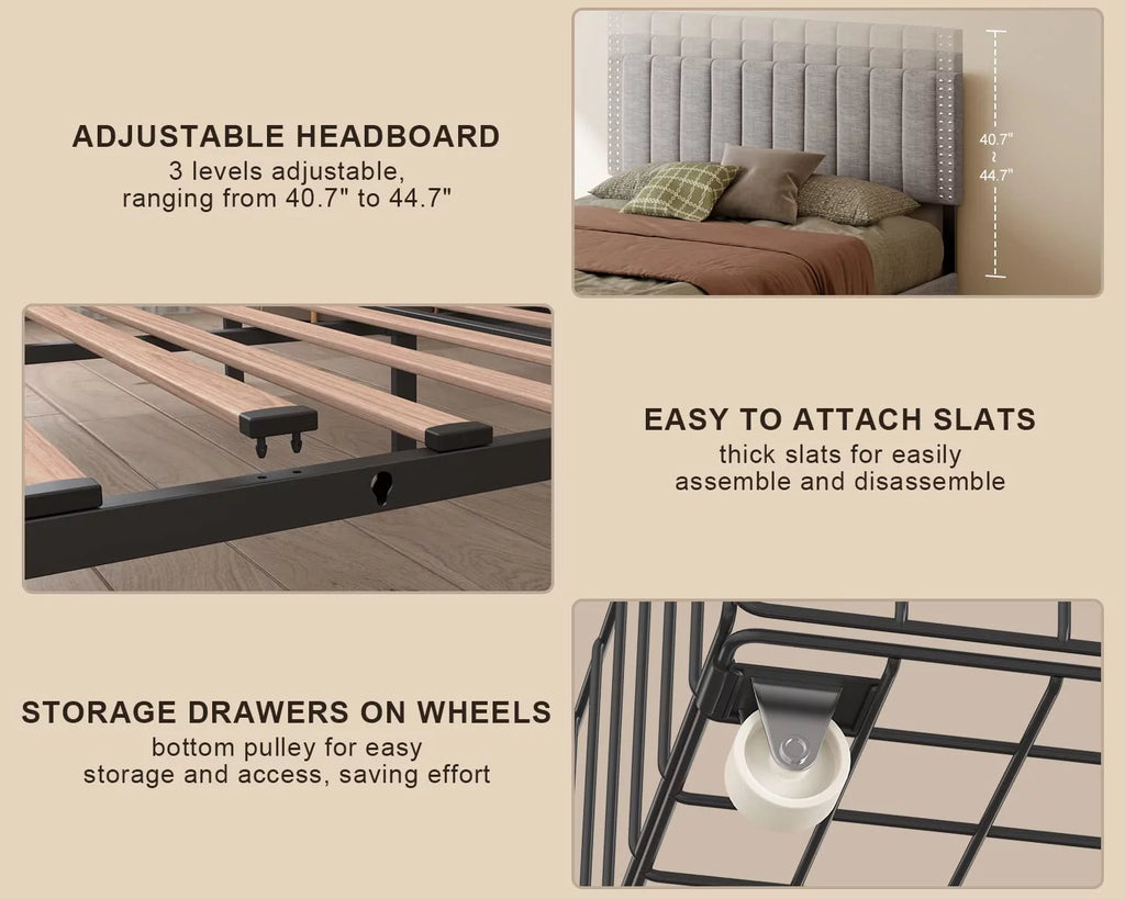 Light Grey Full Size Bed Frame with Storage Drawers E446966