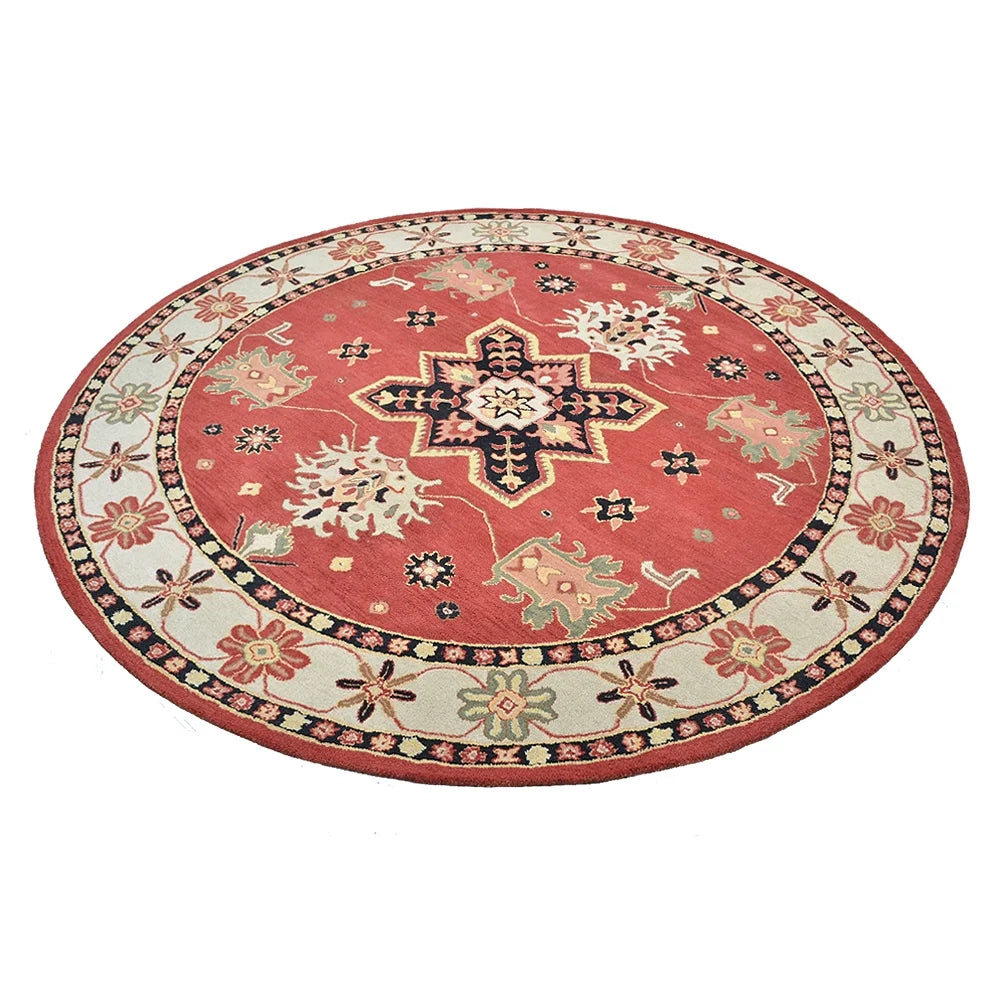 10'x10' Round Red Cream Hand Tufted Wool Area Rug O19679