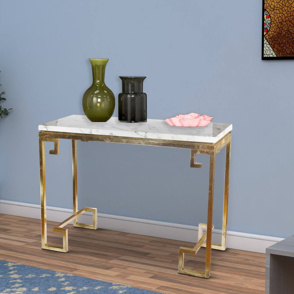 Modern Iron Console with Stone Top Gold White Y922