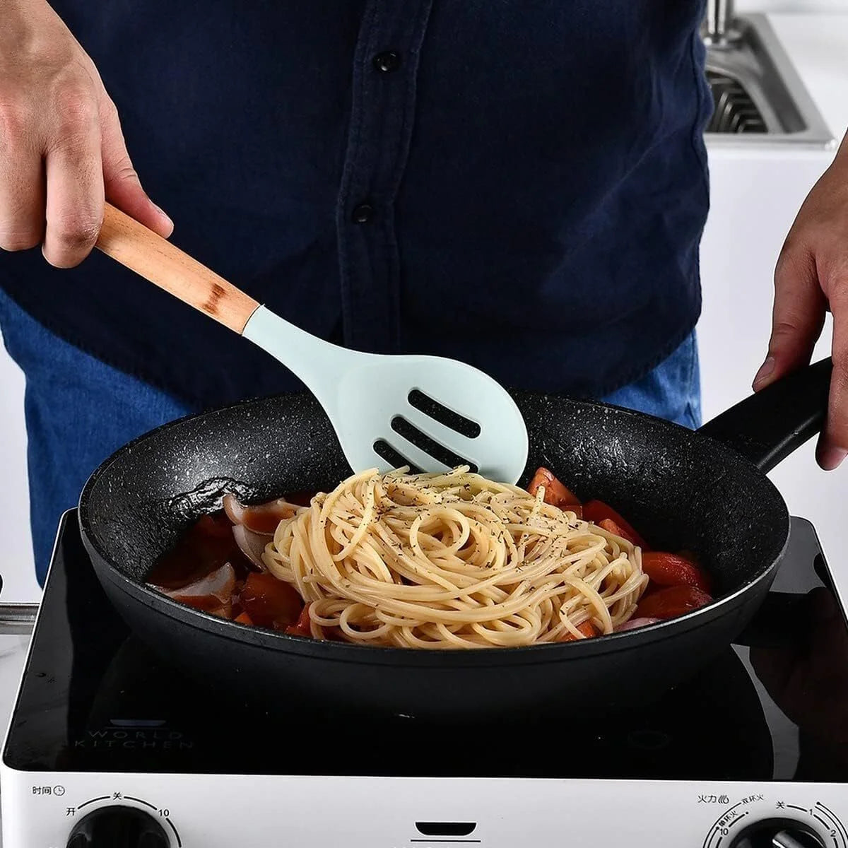 11 Pcs Non-Stick Silicone Cooking Utensils Set with Wooden Handle (Light Green) D344