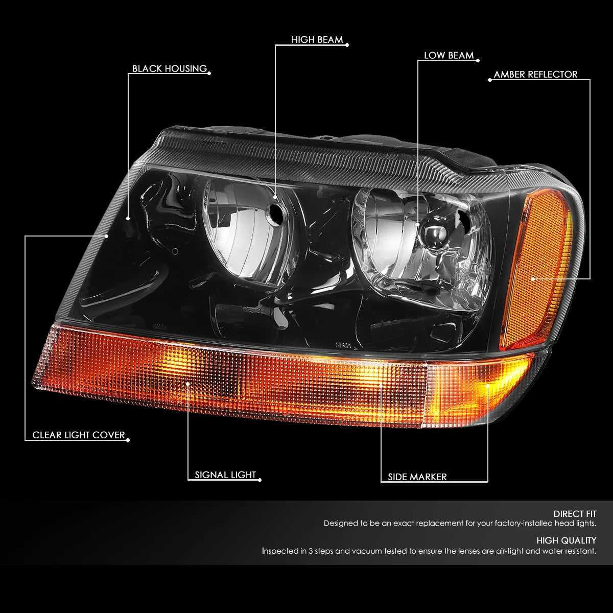 Black Housing Amber Side Headlight Headlamps for Jeep Grand Cherokee O221104