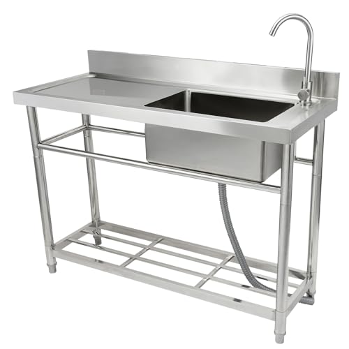 Stainless Steel Utility Sink, 1 Compartment Free Standing Small Sink with Workbench Faucet and Legs, 39.4 x 19.1 x 37.4 in Commercial Single Bowl Sink B852