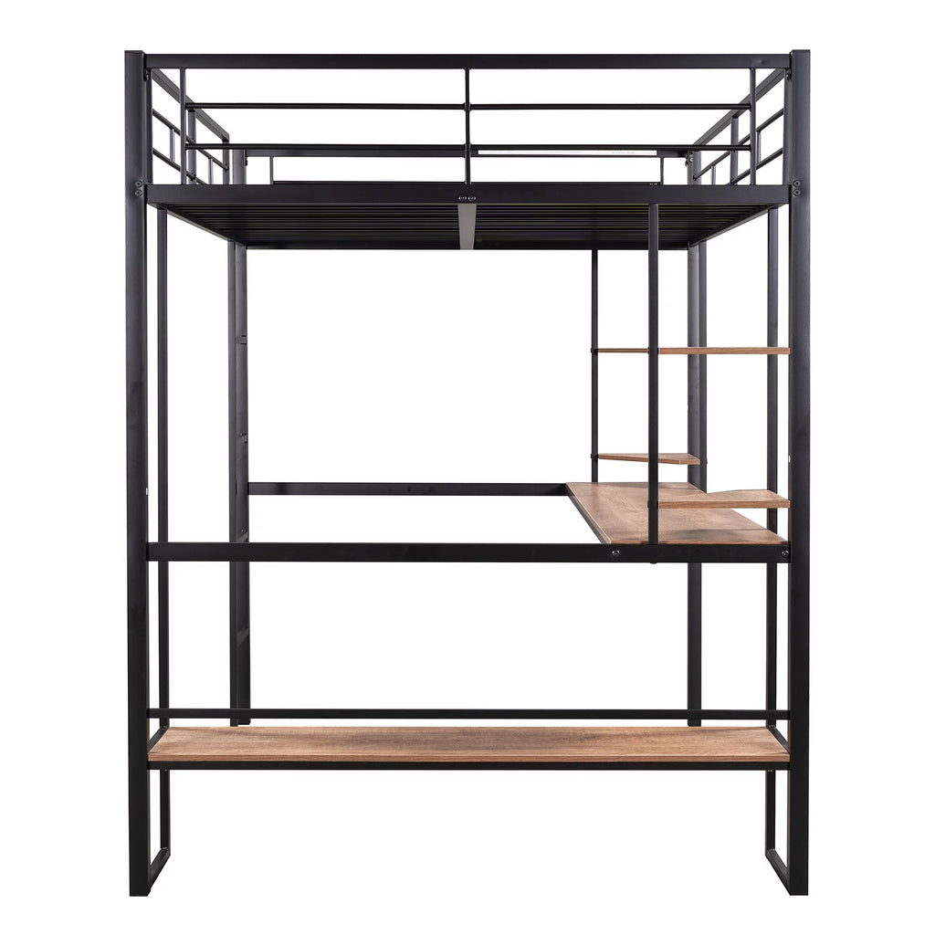 Black Full Metal Loft Bed with Desk and Shelves C645