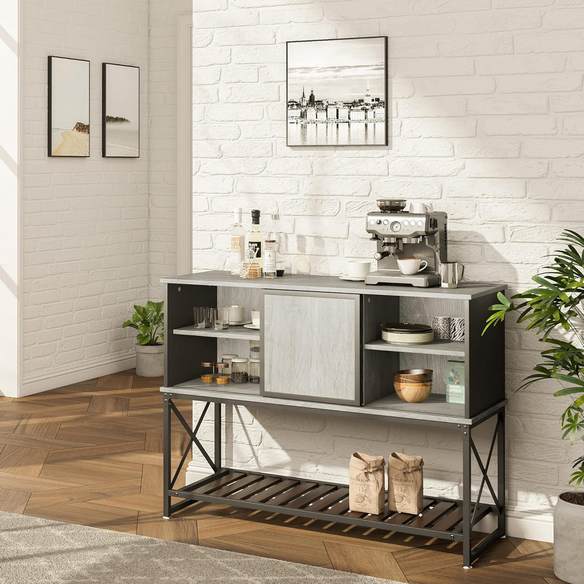 Industrial Bar Cabinet with Adjustable Shelf and Sliding Metal Door O27899