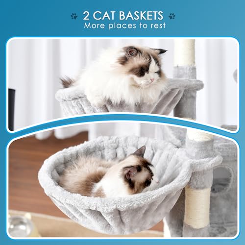Light Gray 74 inches Multi-Level XL Cat Tree with Three Cat Condos and Two Top Decks P604