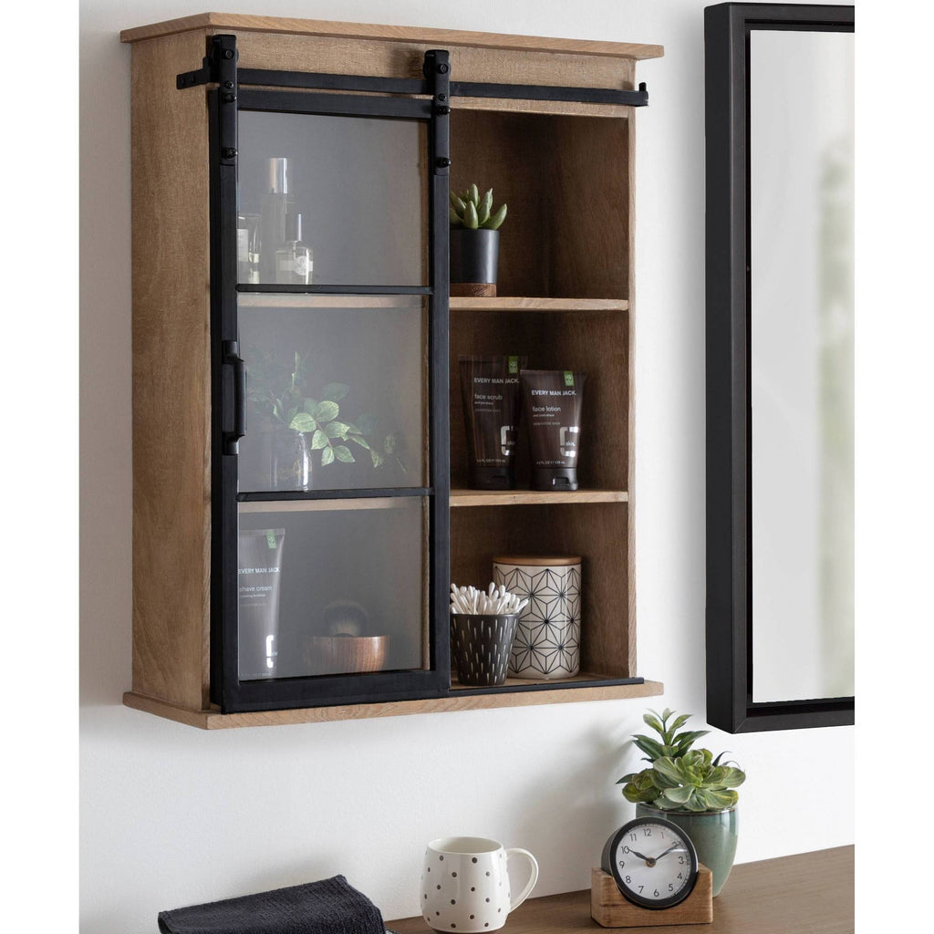 Rustic Brown Wooden Wall Cabinet with Sliding Glass Door W538