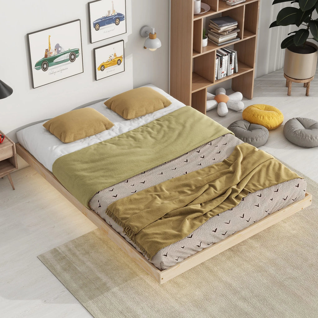 Full Size Grey Pinewood Floating Platform Bed with LED Lights X3267
